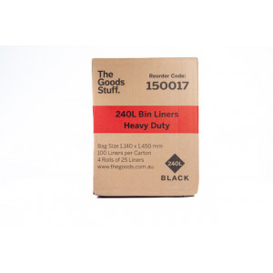 Bin Liners Heavy Duty on Rolls Black 240L Carton of 100