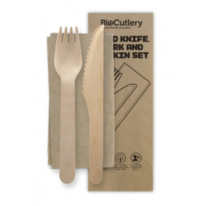 BioPak Compostable Wooden Fork, Knife & Napkin Cutlery Set Carton of 400