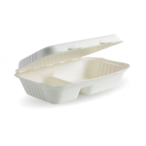 BioPak 2 Compartment Clamshell 23x15x8cm / 9x6x3in White Carton Of 250
