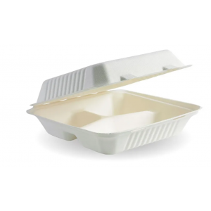 BioPak 3 Compartment Clamshell 23x23x8cm White Carton Of 200