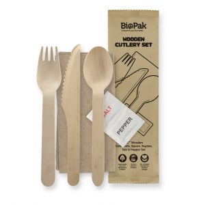 BioPak Knife, Fork, Spoon, Napkin, Salt & Pepper Set Wood 16cm Carton of 400