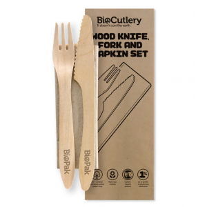 BioPak Knife, Fork and Napkin Set Coated Wood 19cm Carton of 400