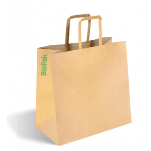 BioPak Small Flat Handle Kraft Paper Bags 280x150x275mm Carton of 250