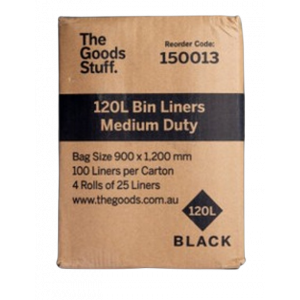 Bin Liners Medium Duty on Rolls Black 120L Carton of 100