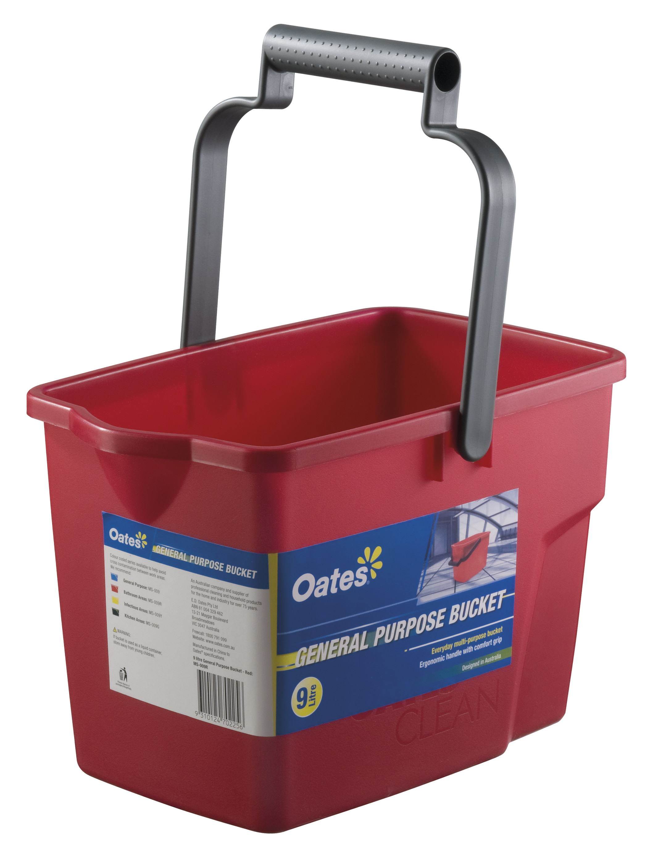 Oates General Purpose Rectangle Bucket Red 9L Buckets Janitorial