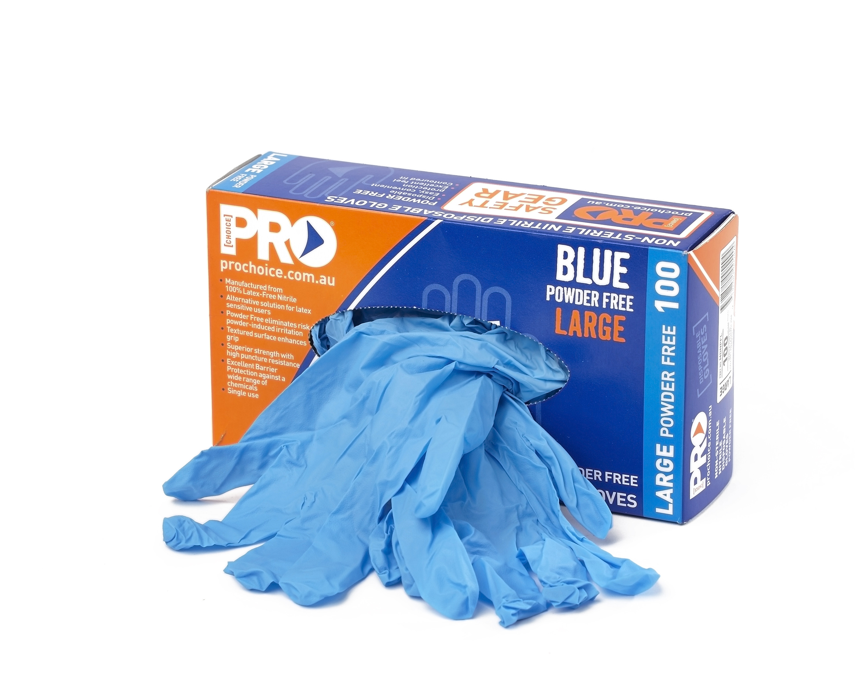 Pro Choice Nitrile Powder Free Disposable Gloves Blue Large Box of 100