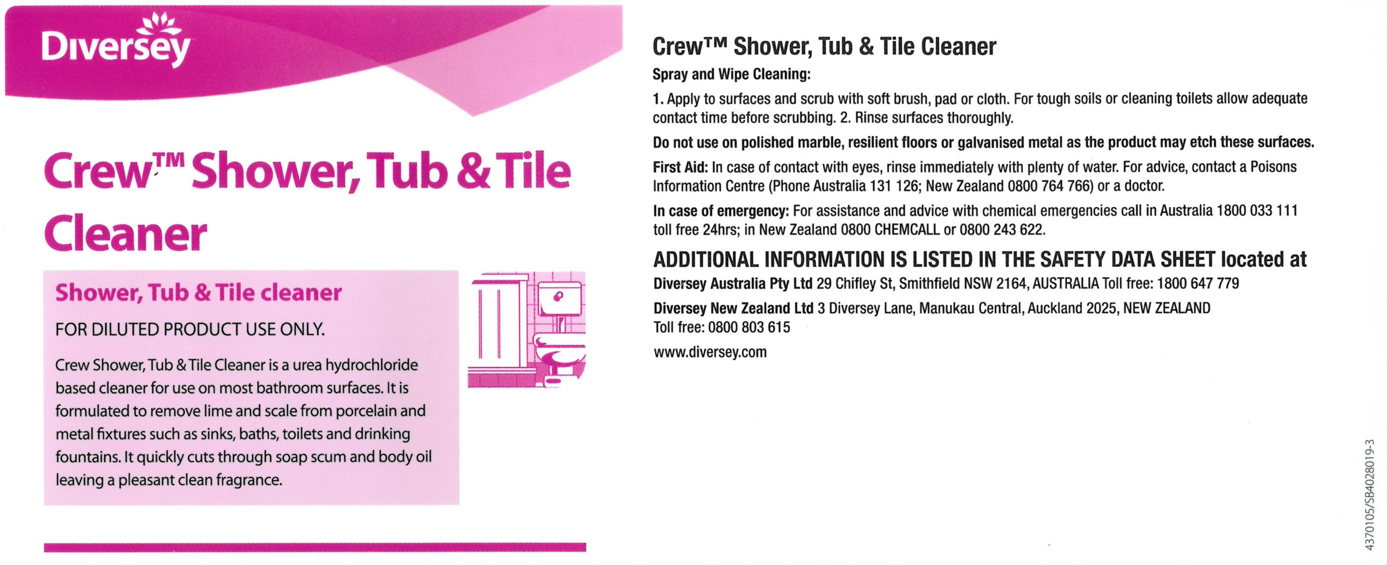 Label for Diversey Crew Shower, Tub and Tile Cleaner Spray Guns, Bottles and Accessories