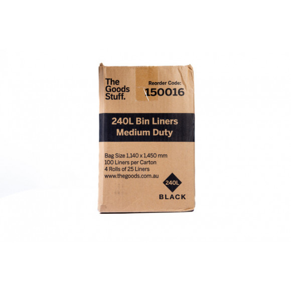 Bin Liners Medium Duty on Rolls Black 240L Carton of 100