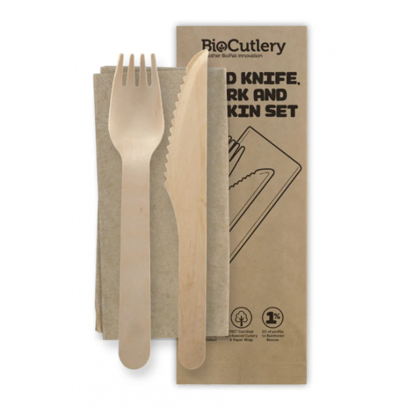 BioPak Compostable Wooden Fork, Knife & Napkin Cutlery Set Carton of 400