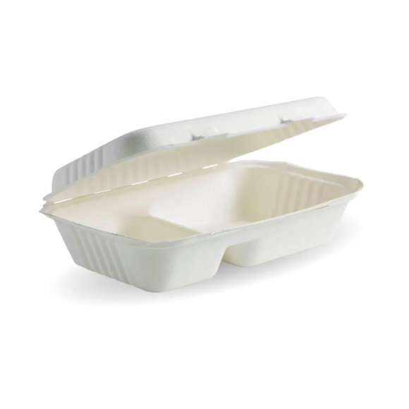 BioPak 2 Compartment Clamshell 23x15x8cm / 9x6x3in White Carton Of 250