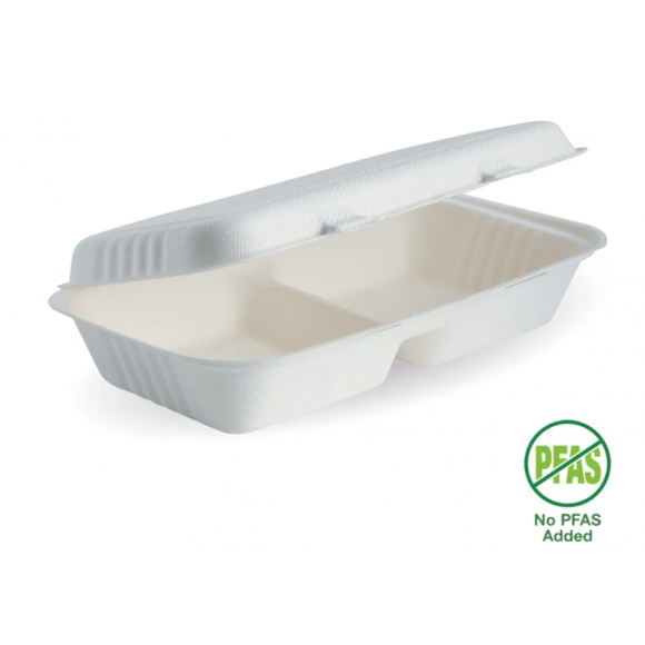 BioPak 2 Compartment Clamshell 28x16x7cm / 11.6x6x3" White Carton Of 100