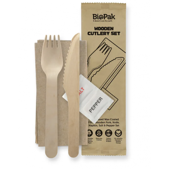 BioPak Knife, Fork, Napkin, Salt & Pepper Set Wood 16cm Carton of 400