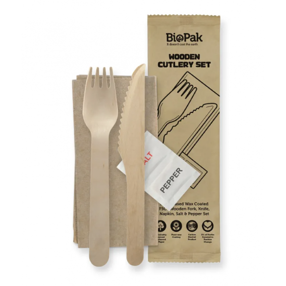 BioPak Knife, Fork, Napkin, Salt & Pepper Set Coated Wood 16cm Carton of 400