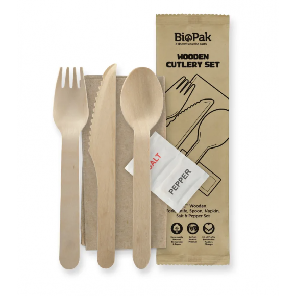 BioPak Knife, Fork, Spoon, Napkin, Salt & Pepper Set Wood 16cm Carton of 400