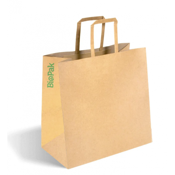 BioPak Small Flat Handle Kraft Paper Bags 280x150x275mm Carton of 250