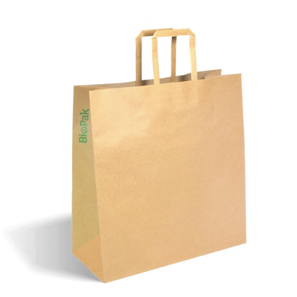 BioPak Medium Flat Handle Kraft Paper Bags 320x140x340mm Carton of 200