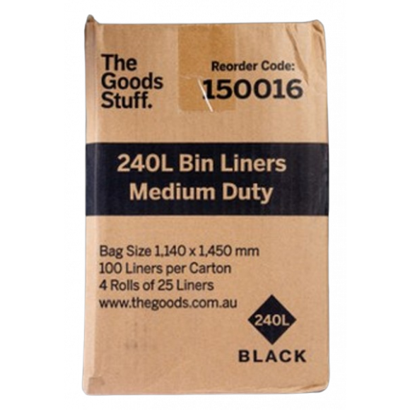 Bin Liners Medium Duty on Rolls Black 240L Carton of 100