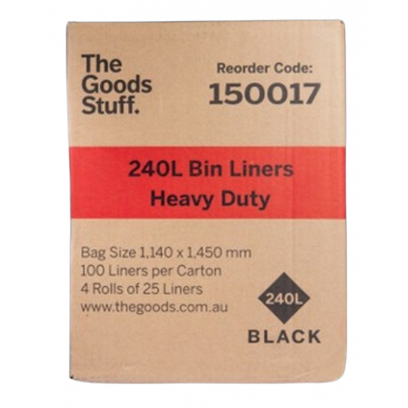 Bin Liners Heavy Duty on Rolls Black 240L Carton of 100